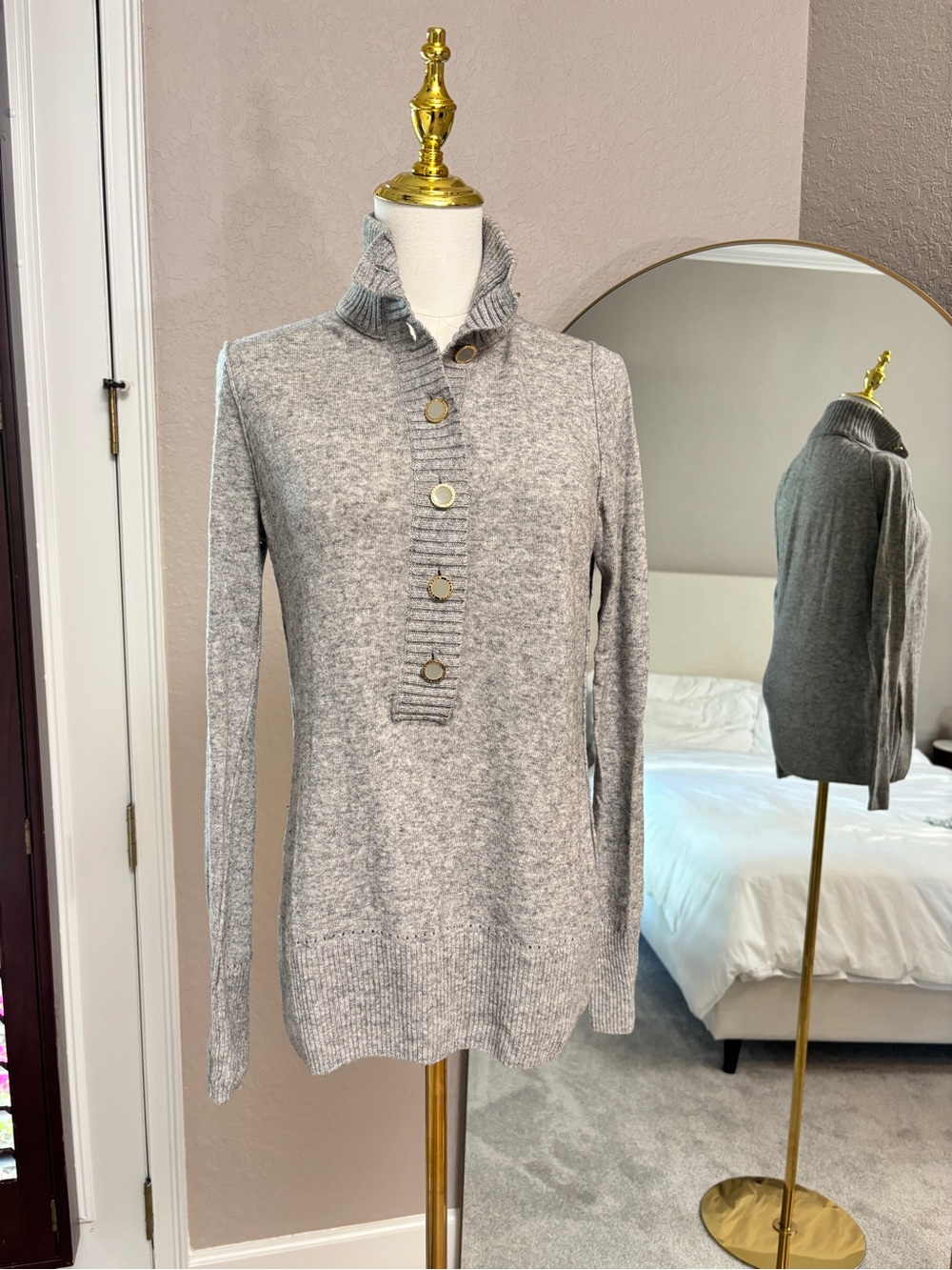 Tory Burch Gray Ribbed Mock Neck Sweater with Button Placket, M